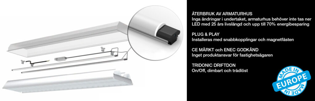 Visar produkten Welight REFIT i armatur plus information om dess fördelar Welight REFIT with LEDline profile+USP
